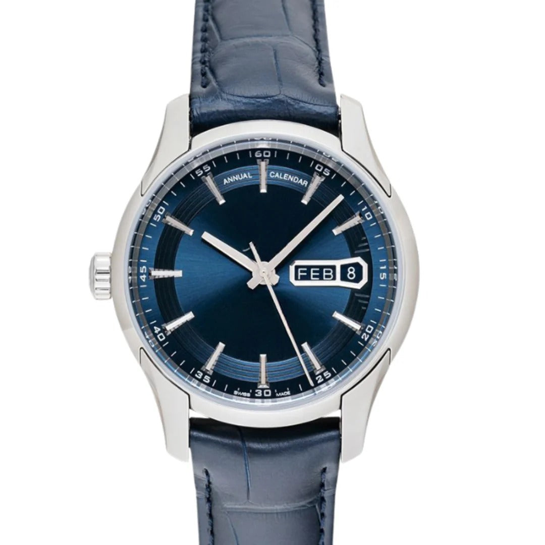 Annual Calendar Global 41 – Blue World Map Dial | Steel Case & Blue Leather Strap